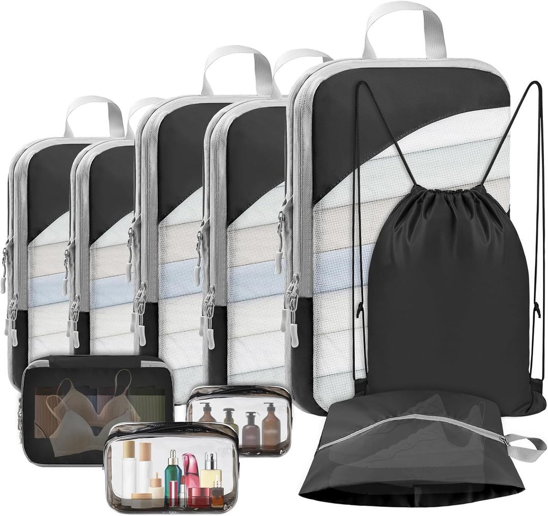 10 Set Compression Packing Cubes, Lightweight Travel Essentials, Stretchable Expandable Storage Bags, Compression Bags for Travel Accessories Luggage Storage Set (10 Pcs, Black)