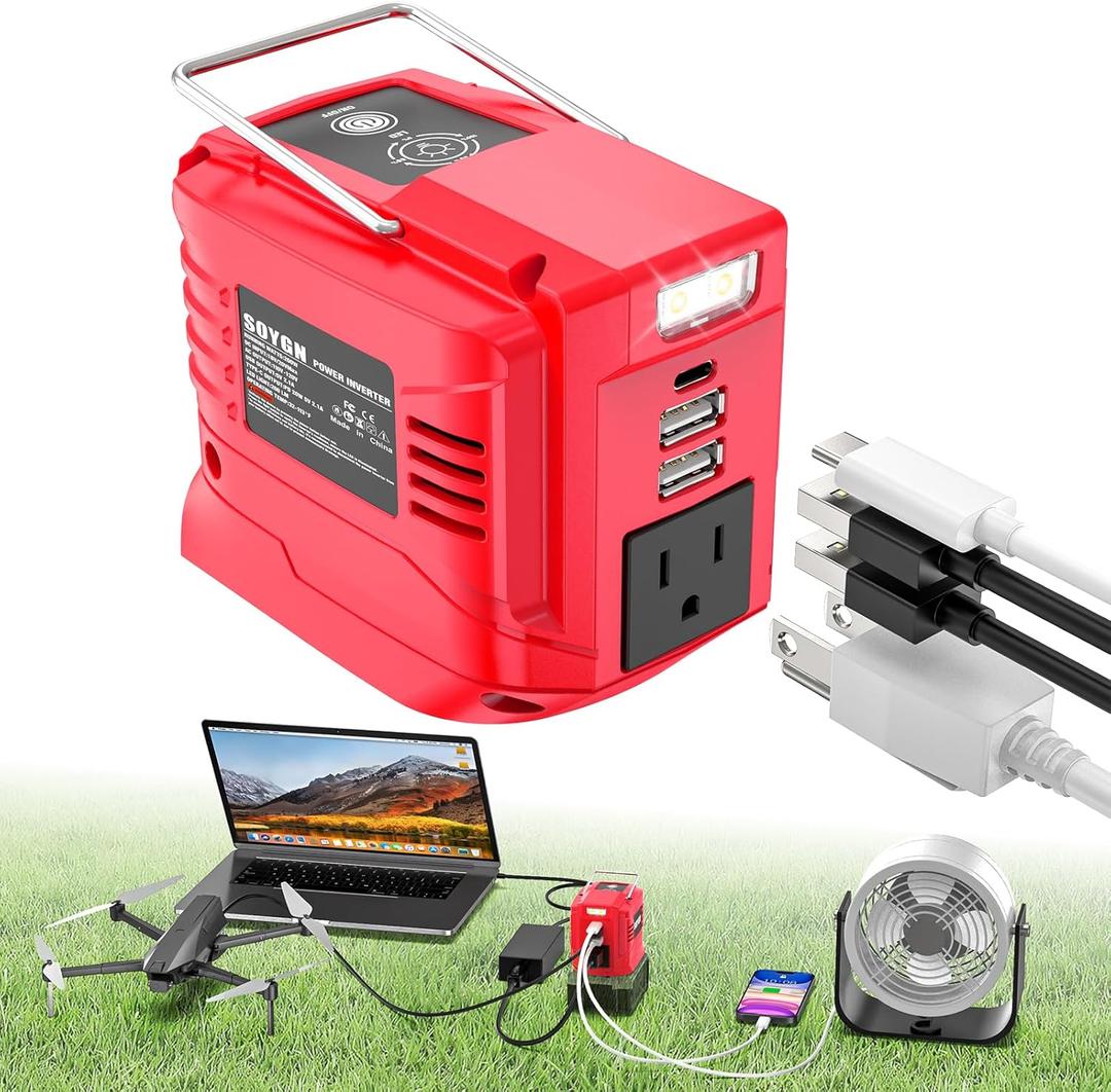 200W Power Inverter Compatible with Milwaukee 18V Battery, DC 18V to AC 110V Portable Power Station with 1 AC Outlet, 2 USB Ports & 1 Type-C Fast Charging, 200LM LED Work Light (Fit for Milwaukee)