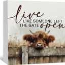 Highland Cow Farmhouse Wooden Box Sign - Farmhouse Western Animal Office Kitchen Bathroom Decor,Farm Live Like Someone Left The Gate Open,Highland Cow Gifts For Women (5x5 in)