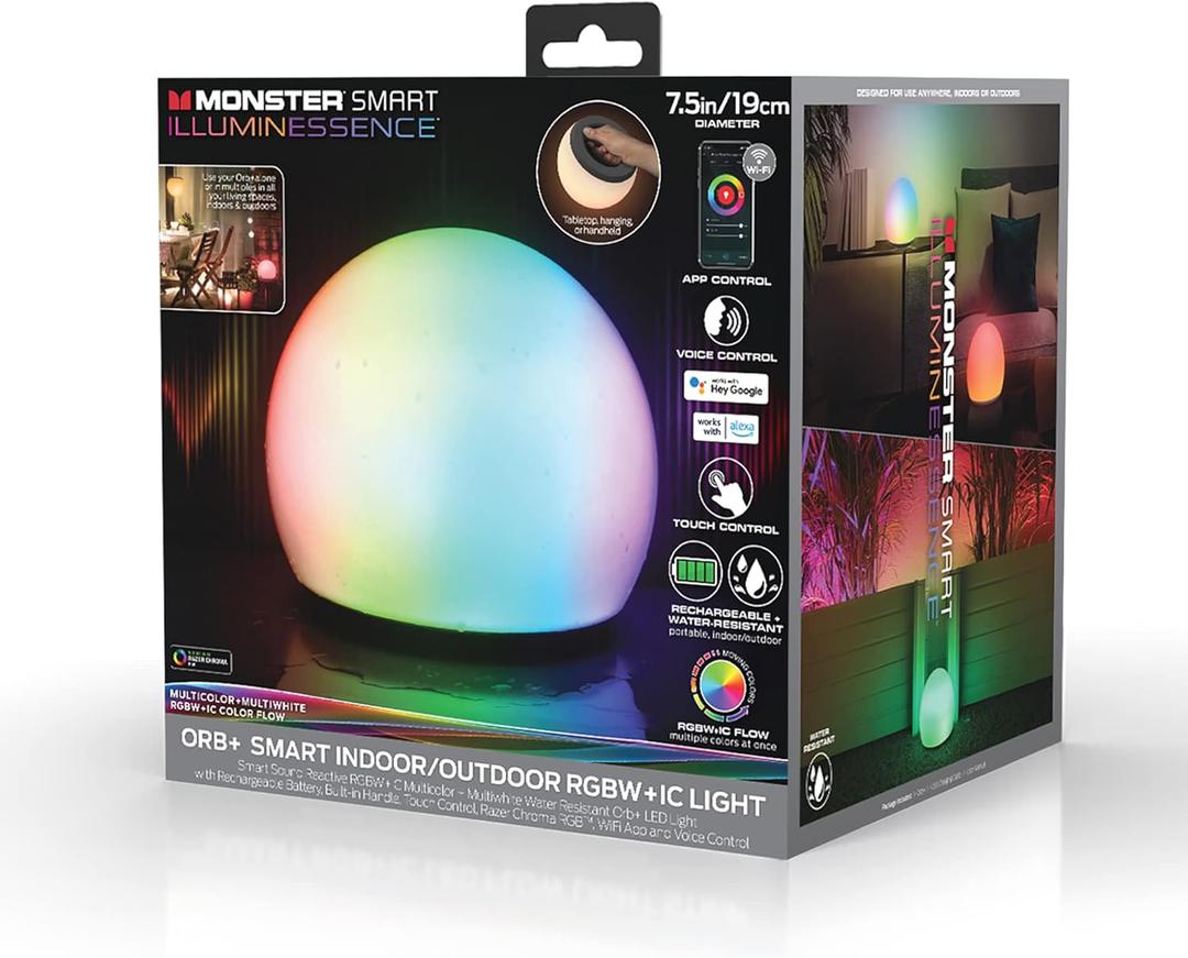 Monster LED 7-inch Orb Color Flow Smart Portable LED Light Ball, Indoor/Outdoor Use, Mobile App Control Compatible with Alexa, Siri and Google Assistant
