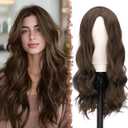 FESHFEN Long Medium Brown Wigs for Women, 24 inch Middle Parting Synthetic Wavy Wig for Daily Party