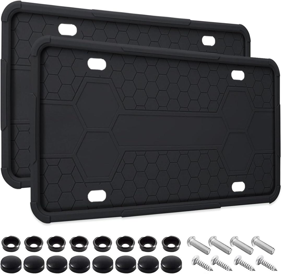 2 Pack Silicone License Plate Frames Black, Car Plate Frame Holder, Universal US Front & Rear Truck Frame Protector Mounting Kit Accessories, Rust Proof, Rattle Proof, Weather Proof (Black)