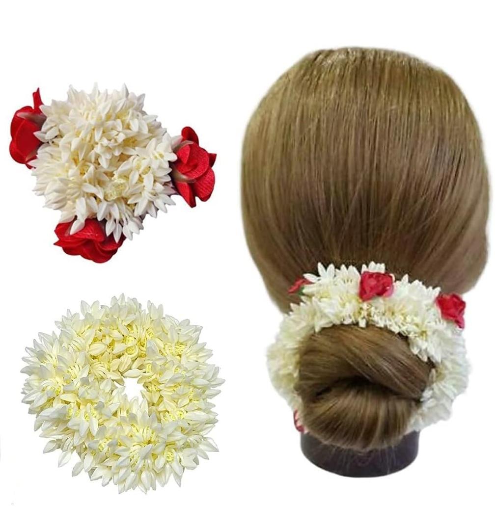 S,S Store 2 Pcs Hair Rose White Mogra Artifical Rubber Band Gajra Phool Gazra Hair Accessories for Women Girls Indian Wedding Gajra For Function