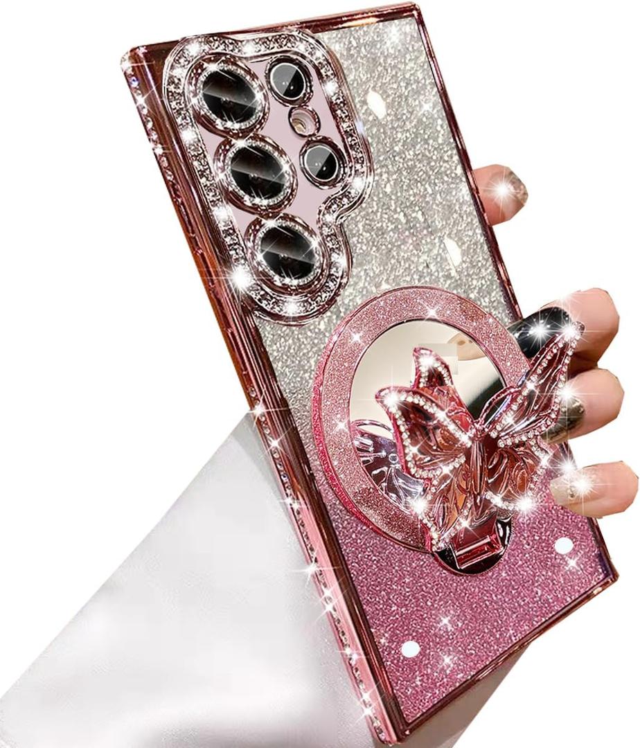 Changjia for Samsung Galaxy S26 Ultra Magnetic Glitter Case,[Compatible with MagSafe] Bling Sparkly Diamond with Camera Protector&Butterfly Kickstand&Makeup Mirror Women Girls Case for S26 Ultra, Pink