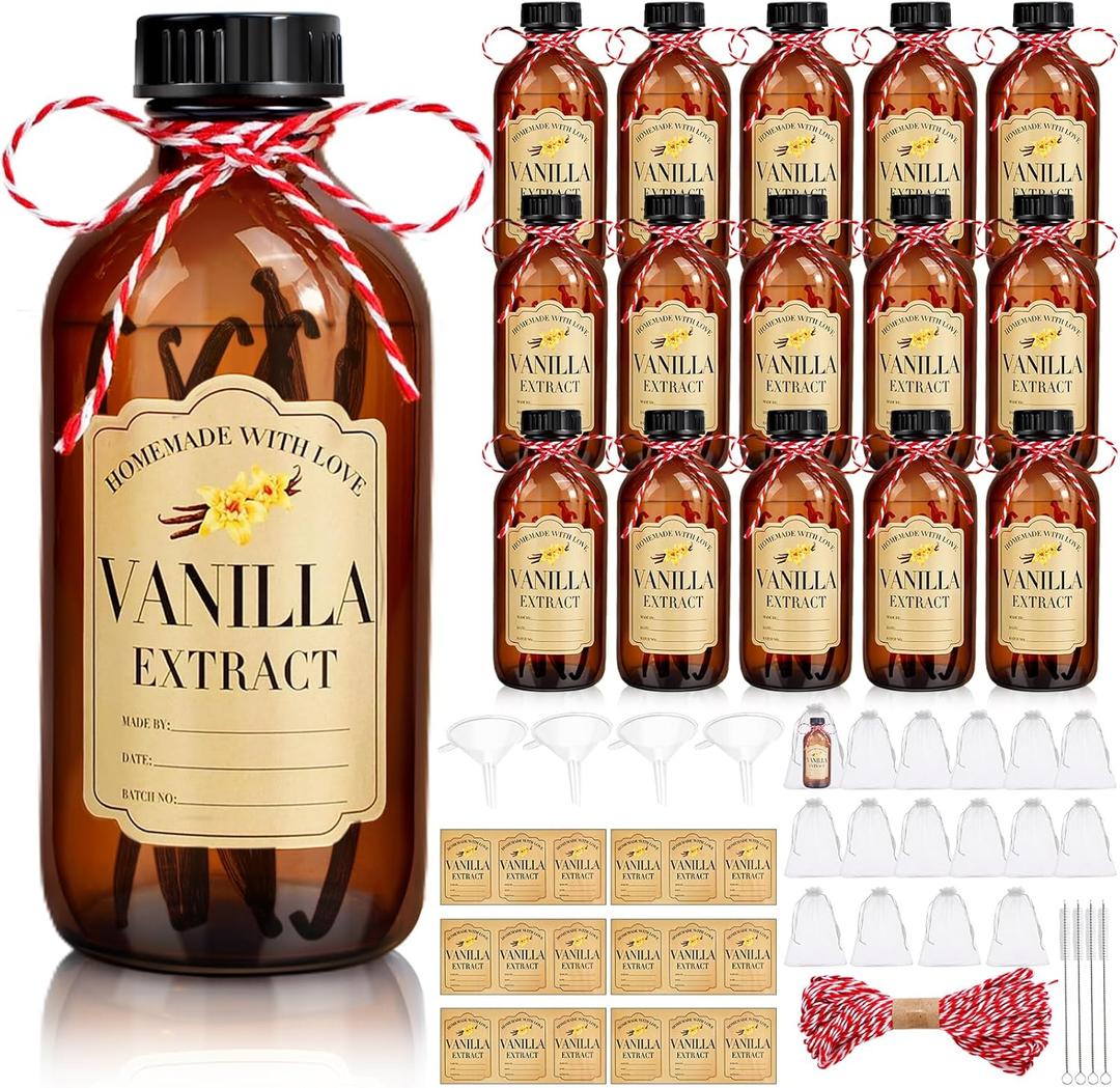 16Pcs 8 oz Amber Glass Bottle Boston Round Bottles for Vanilla Extract Homemade,Brown Vanilla Extract Bottles with Caps for Syrup Gift Glass Food Storage Canister and Sauce Beans (Large)