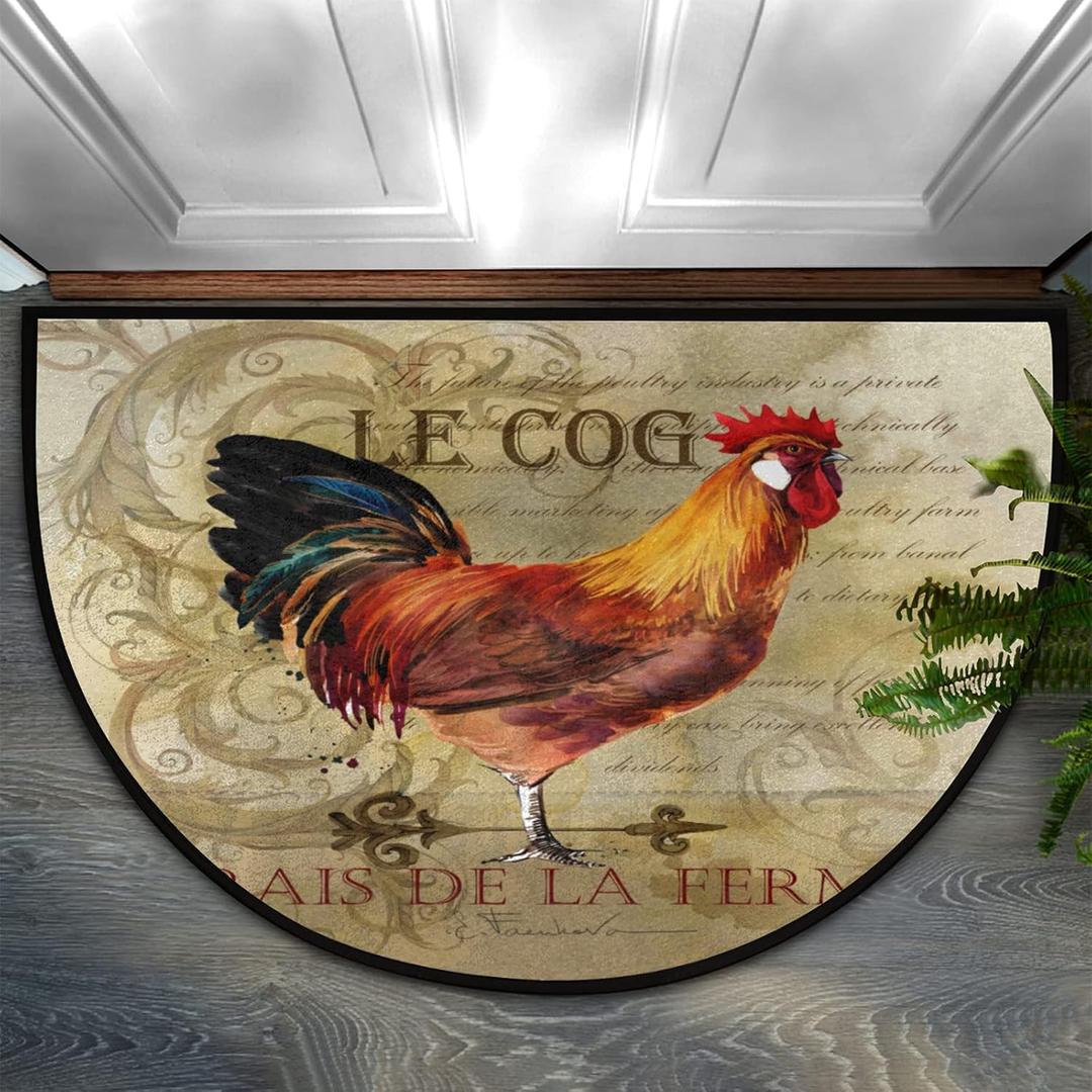 Vintage Rooster Half Round Doormat Vintage Animal Rooster Non-Slip Semi Circle Area Rug Durable Washable Ha;f Moon Rug Floor Mat for Indoor Outdoor Living Room Bedroom Kitchen Floor Home Decor