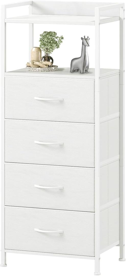 Somdot White Nightstand with 4 Drawers, Vertical Storage Tower Fabric Dresser for Bedroom, Nightstand Bedside Table Furniture, Sturdy Steel Frame, Wooden Top & Easy Pull Fabric Bins (11.4"D x 15.2"W x 36.3"H (4 Drawers))