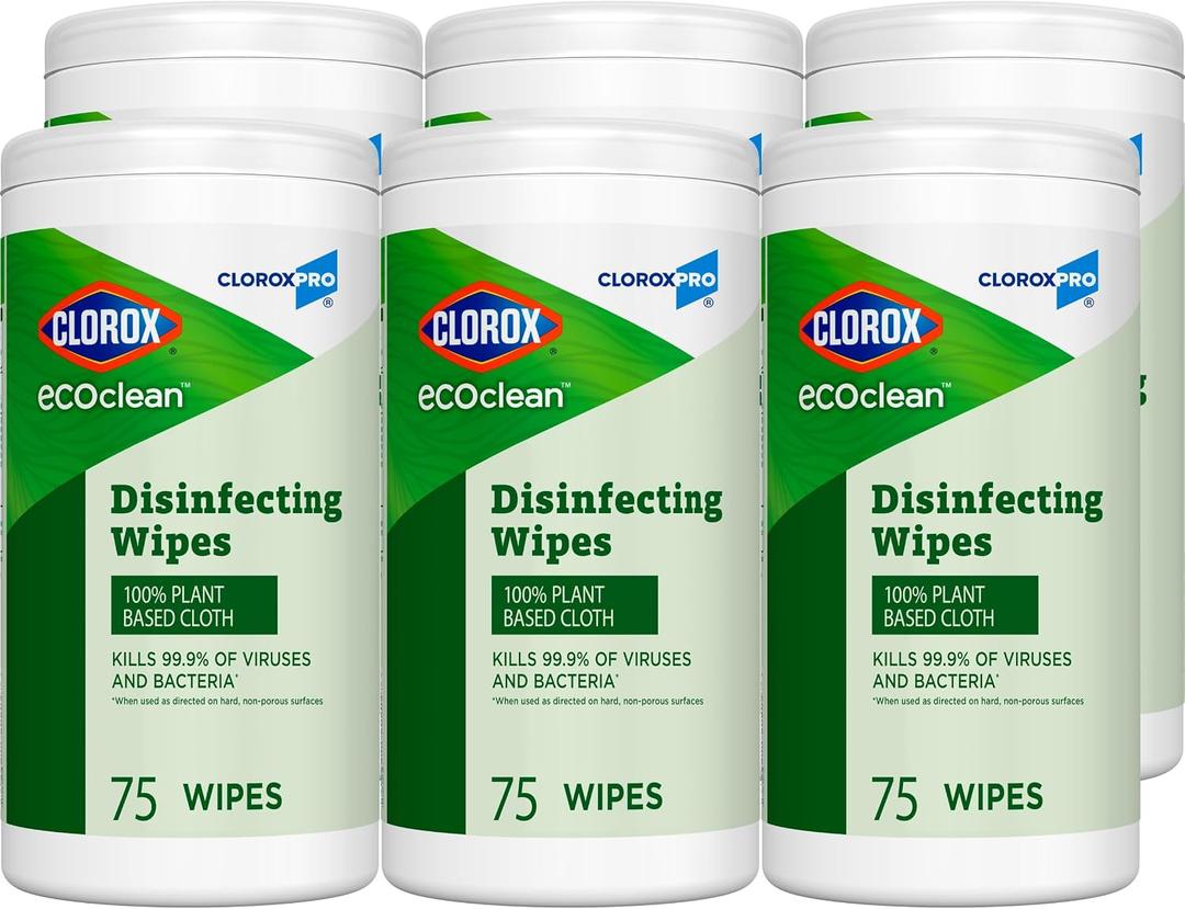 CloroxPro Clorox EcoClean Disinfecting Wipes, Multipurpose 100% Plant Based Cleaning Cloths, Antibacterial Disinfectant, Safe for Multi Surface Use, 75 Count (Pack of 6)