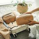 Popvibe Open Flat Makeup Bag Travel Cosmetic Case for Women, Large Capacity Toiletry Travel Bag with Zipper, Portable Aesthetic Floral Make Up Organizer Pouch for Toiletries, Makeup Brush Camel Medium (Biscuit)