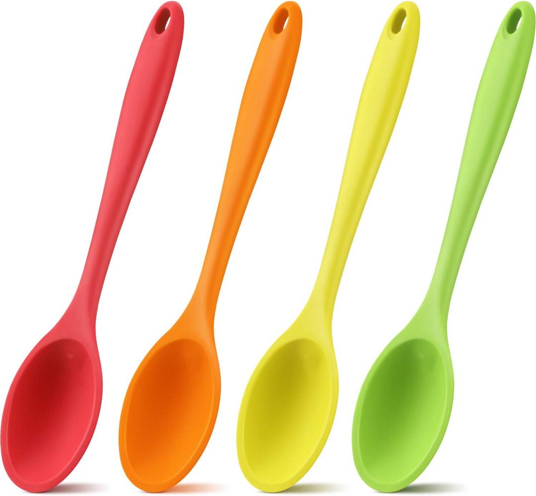 Shappy 4 Pieces Silicone Mixing Spoon Spatula Scrapers for Cooking, 10.6 Inch Heat Resistant Large Non Stick Basting Utensil for Mixing, Baking, Serving and Stirring(Spoon,Bright Color)