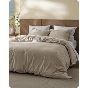 Bedsure Cotton Duvet Cover Queen - Luxury Slub Weave 100% Cotton Duvet Cover with a Linen Like Textured, Easy Change Durable Bedding, Tannish Linen Grey, 90" x 90"