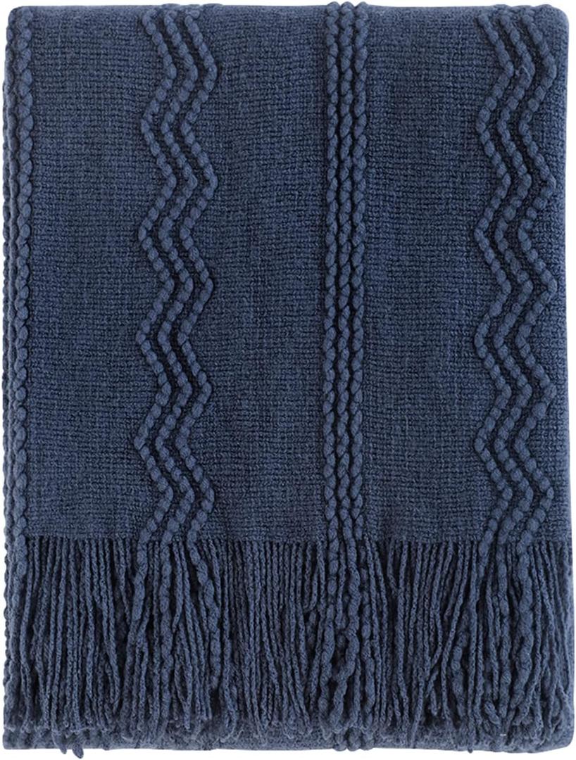 BOURINA Navy Throw Blanket 50x60 Inches Throw Textured Solid Soft Sofa Throw Couch Cover Knitted Decorative Blanket