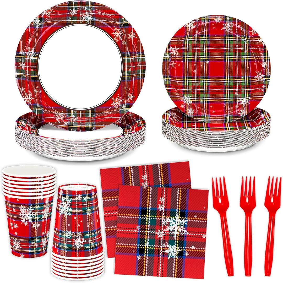 DYLIVeS Tartan Plaid with Snowflake Party Supplies, Tartan Plaid Decorations Disposable Dinnerware Set, Red and Green Plaid 9.2" Dinner Plates, 7" Dessert Plates, Napkins Cups Forks, Serves 24