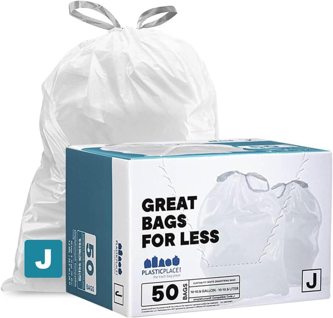 Plasticplace Custom Fit Trash Bags Compatible with Simplehuman Code J 50 Count White Drawstring Garbage Liners 10-10.5 Gallon Tear-Resistant Bags