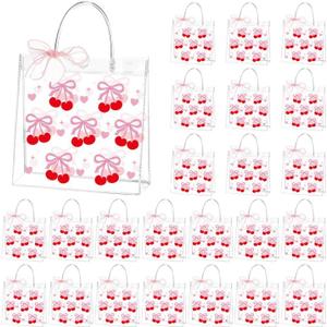24 Pcs Cherry Party Favor Bags Clear PVC Cherry Ribbon Gift Bags with Handles Reusable Party Favor Bag for Girls Women Birthday Wedding Baby Shower Party, 6.3x5.9x2.8 Inch