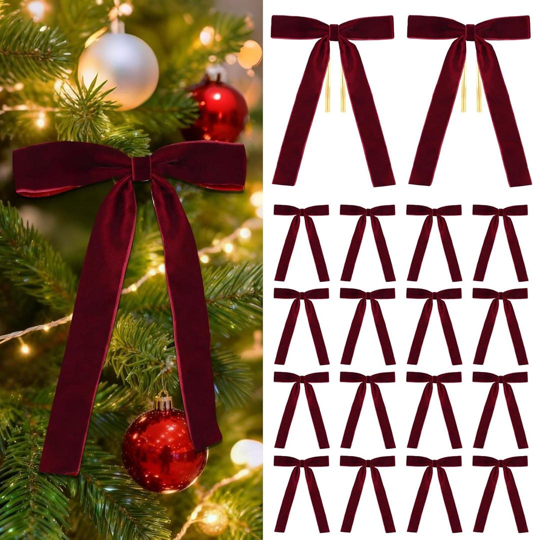 18 Pcs Burgundy Velvet Bows For Christmas Tree Burgundy Velvet Christmas Tree Bows, Holiday Decorations for Garland Wreath Bow (5 * 7", 1" Wide)