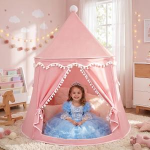 Kids Play Tents, Breathable Cotton & Hemp Playhouse Teepee Tent with Star Lights for Childrens and Toddlers,Suitable for Kids Room and backyart（Pink）
