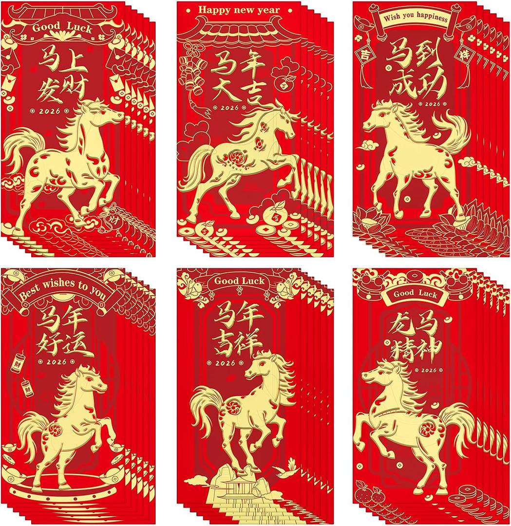 Chinese New Year Red Packets 2026,36 Pcs Money Envelopes with 6 Classic Embossed Bronzing Foil Designs for Cash Gifts & Decorations (Horse Year)