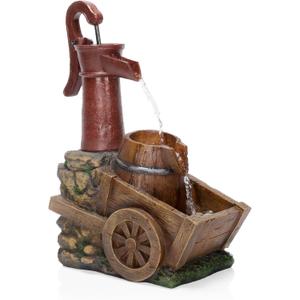 Alpine Corporation ZEN276S Indoor/Outdoor Floor Pump and Wheelbarrow Fountain, Vintage Wheelbarrow Garden Fountain 23", Brown