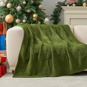 Amlie Home Checkered Chenille Knit Throw Blanket for Couch, Classic Texture Decorative Soft Blanket for Sofa, Chair & Bedroom, 50"x60", Olive Green