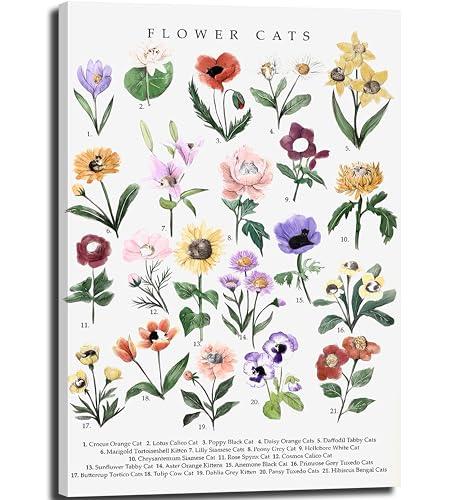 Flowers Cats Canvas Wall Art Botanical Cat Encyclopedic Pictures Wall Decor Whimsical Eclectic Colorful floral Painting Posters Print Artwork for Living Room Bedroom Home Decoration 16x24 inch