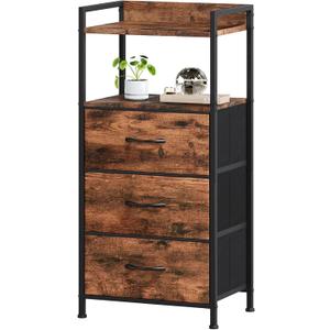 Somdot Nightstand with 3 Drawers, Dresser with Fabric Bins for Bedroom, Hallway, Entryway, Night Stand Bedside Table Furniture, Sturdy Steel Frame, Wooden Top, Easy Pull Fabric Bins, Wood Grain Print