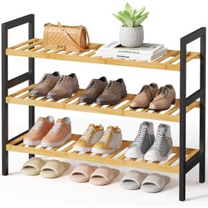 Kitsure Bamboo Shoe Rack for Entryway, 27.5" x 9.8" x 25.6", Natural/Black