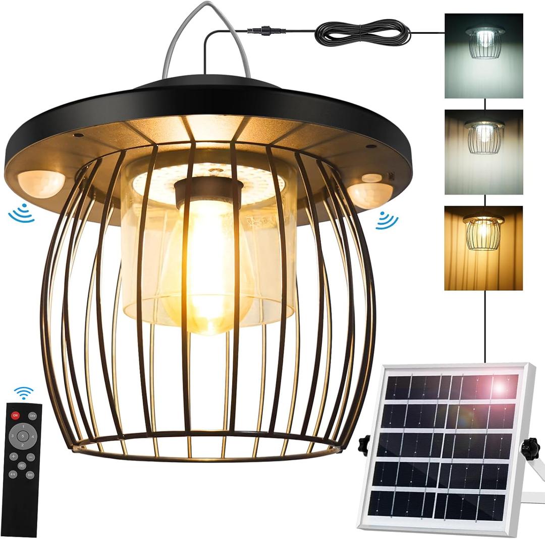 Solar Shed Lights with 2 Motion Sensors, Classic Metal Solar Chandelier Outdoor with 5 Lighting Modes, Waterproof Pendant Lamp with Remote Control for Barn, Gazebo, Garden, Patio(16.4FT Cord) (Cage 1 Pack)