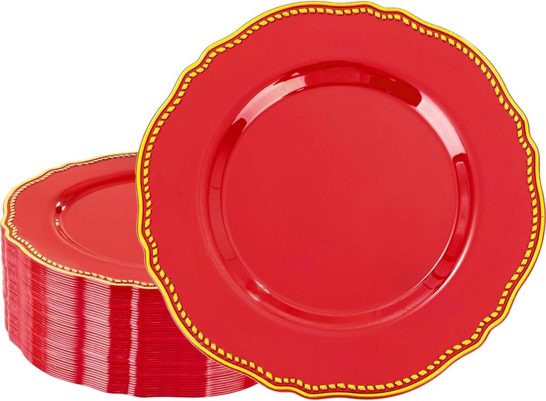 Hioasis 60pcs Red Plastic Plates - Red and Gold Disposable Dinnerware with Gold Rim, Heavy-duty, 10.25 inch, Dinner Plates for Party & Wedding