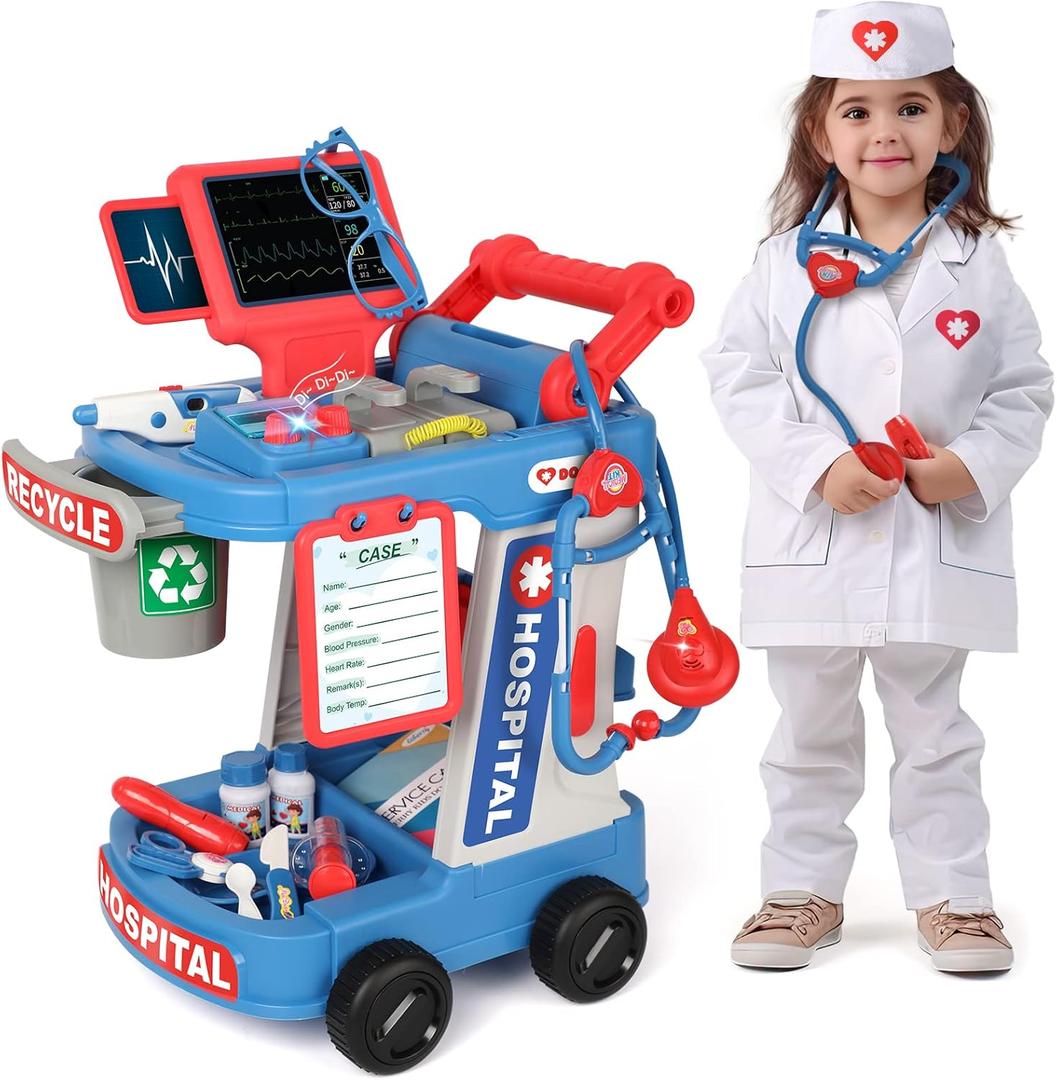 Liberry Doctor Kit for Kids Aged 3 4 5, Pretend Doctor Playset for Toddlers with Cart, Costume and Stethoscope, Role Play Medical Toy for Girls Boys (Blue)