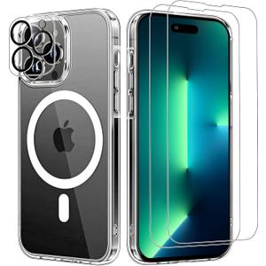 5-in-1 Magnetic Case for iPhone 13 Pro Max 6.7 Inch with 2-Pack Tempered Glass Screen Protector and Camera Lens Protector with MagSafe - (Clear)