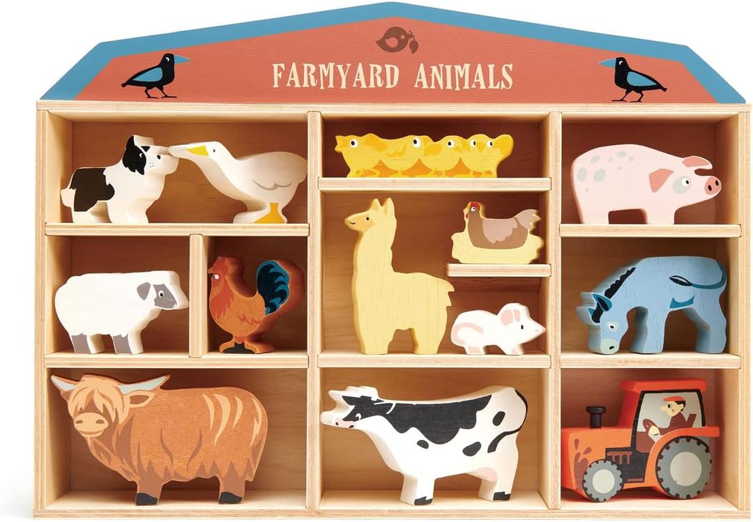 Tender Leaf Toys Farmyard Animals  13 Wooden Country Farm Figurines with a Display Shelf - Classic Toy for Pretend Play  Develops Creative & Imaginative Skills  Learning Role Play  Ages 3+ Years
