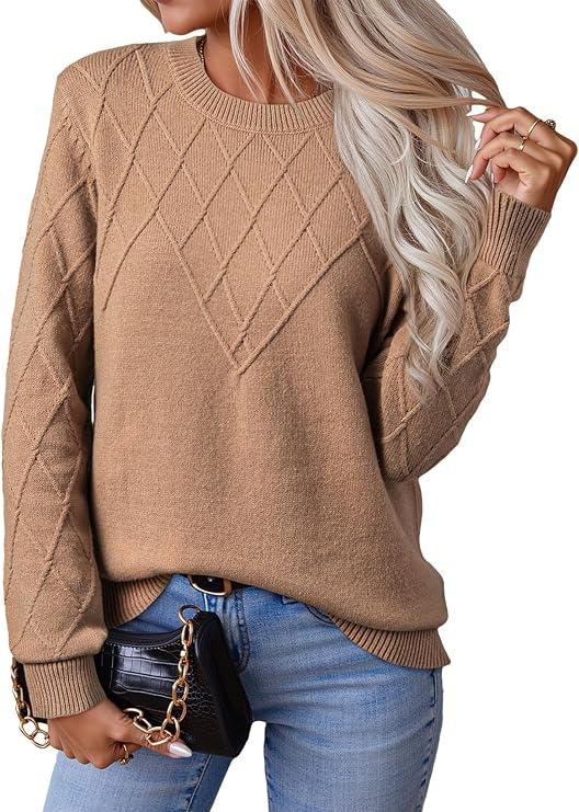EVALESS Womens Sweaters Trendy Casual Crewneck Long Sleeve Cable Knit Lightweight Oversized Fall Sweaters Pullover Tops L