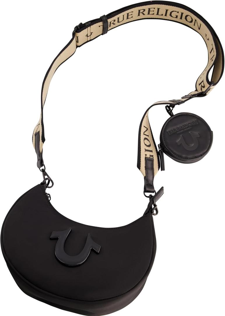 True Religion Women's Shoulder Bag, Mini Crescent Hobo Handbag with Adjustable Crossbody Strap and Coin Purse, Black