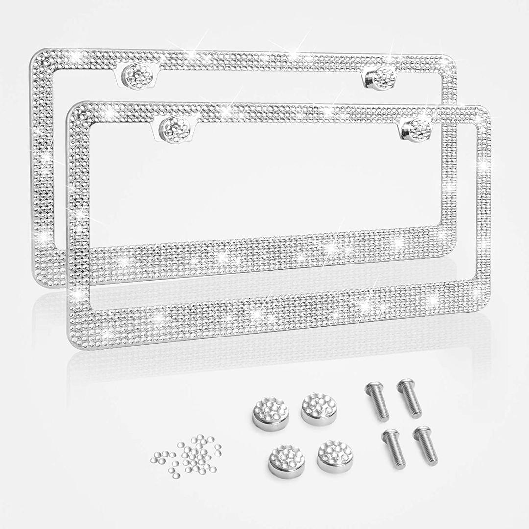 Tchipie 2 Pack Bling Rhinestone License Plate Frames for Women Girl, Bedazzled Sparkly Cute Diamond Car License Plate Frame, Glitter Crystal Tag Caps, Stainless Steel Holder(White)