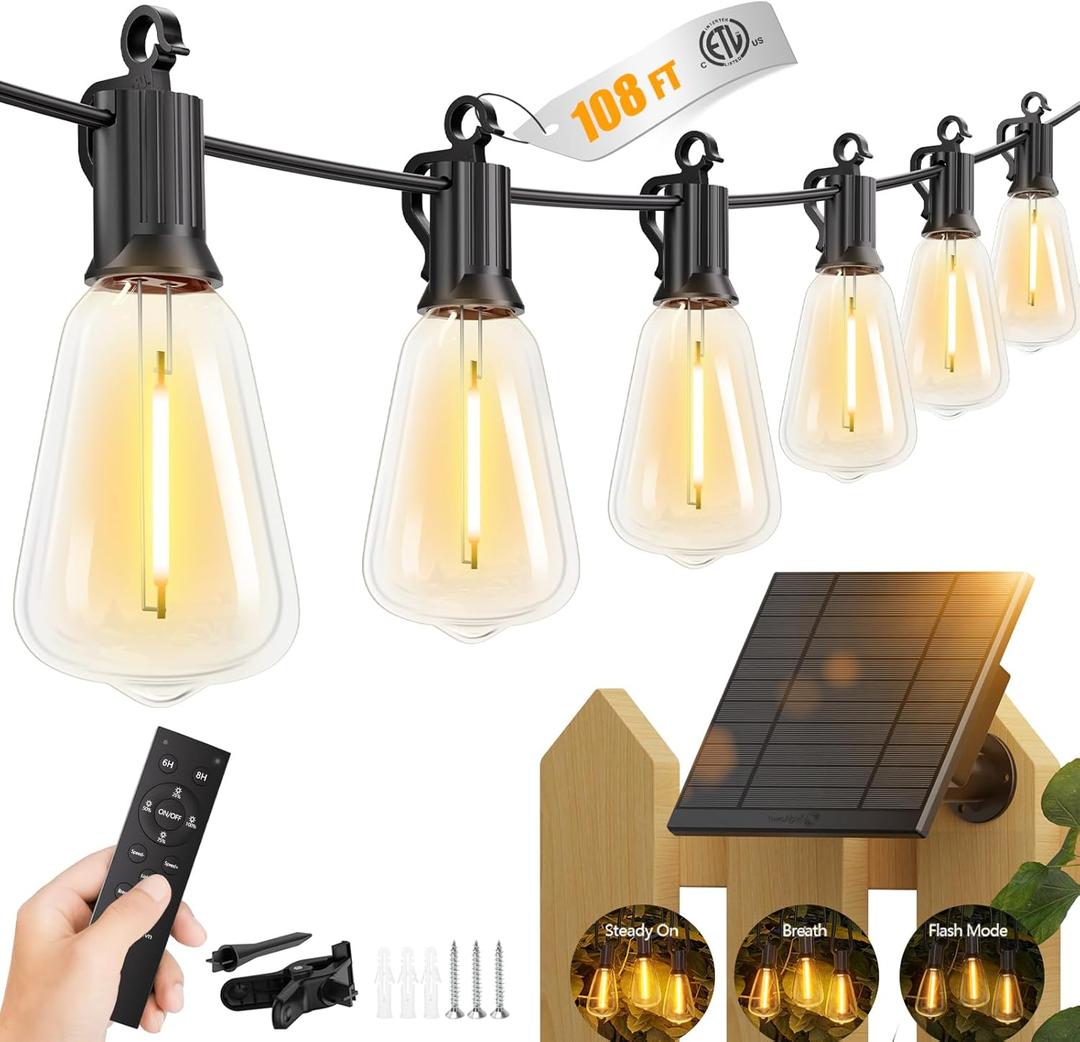 Brightown 108FT Solar String Lights Outdoor Waterproof with Remote, 50+2 LED Shatterproof Bulbs, Dimmable & Timable, 3 Light Modes - Commercial Grade Patio Lights for Garden Backyard Party Decor