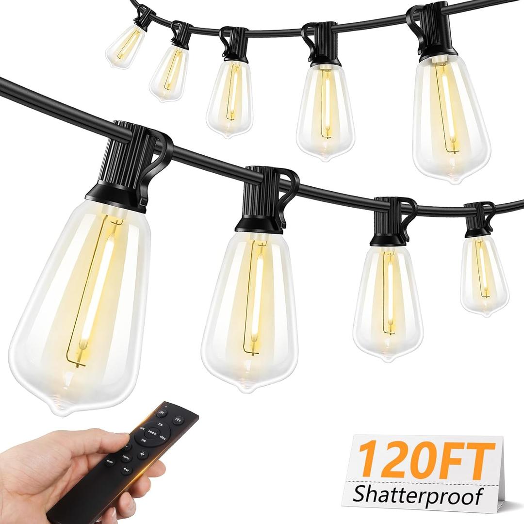 Brightever 120FT LED Outdoor String Lights with Remote, Patio Lights Outdoor Waterproof with 36+2 Shatterproof ST38 LED Bulbs, Dimmable Outside Hanging Light for Porch, Garden, Backyard, Cafe, 2700K (120ft-warm White, Black)