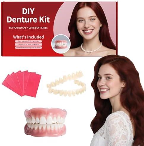 DIY Dentures Kit: Full Set of Upper & Lower Fake Teeth for At-Home Smile Change – Comfort Fit for Everyday Use & Emergency Replacement (Universal Sizing)-A2