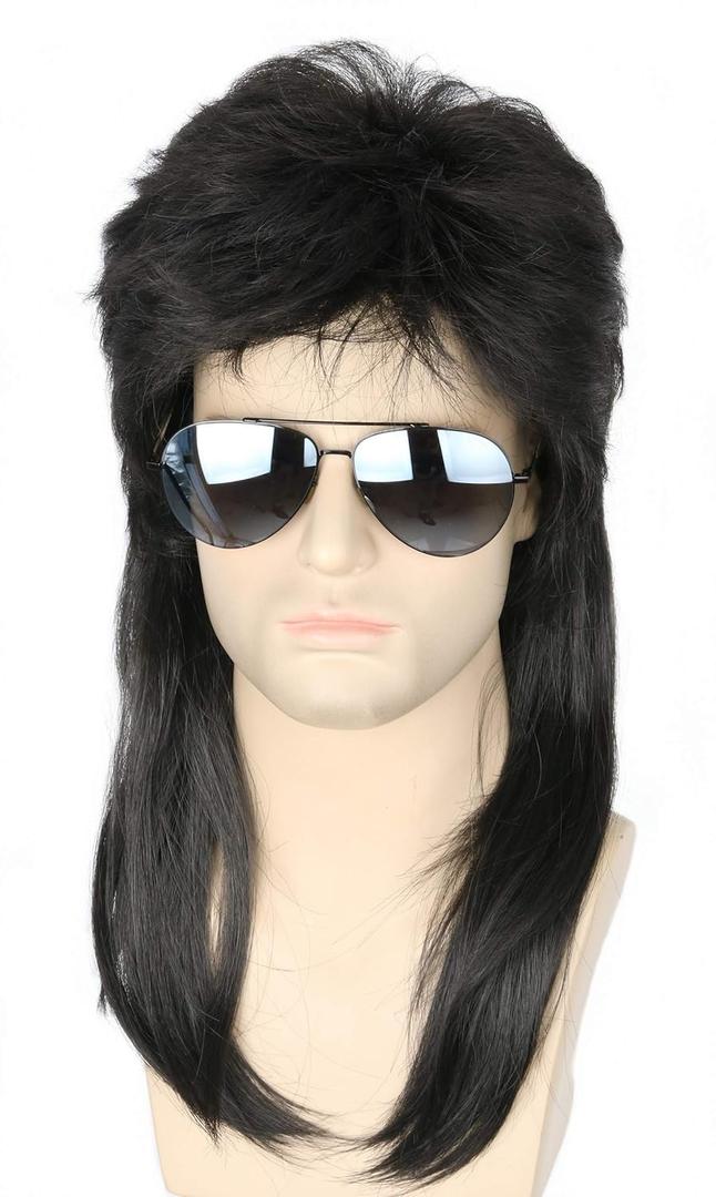 Mens Wigs Black Long 80s Mullet Wig Halloween Costume Wigs