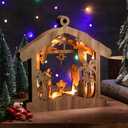 Bucherry Wooden Nativity Scene Set Christmas Nativity Scene Tabletop Set Christmas Ornament Christian Religious Rustic Decorations with LED Light for Shelves Tables Decorations Indoor Decor(Hut)