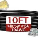 10 FT 10 Gauge Extension Cord Outdoor, Heavy Duty Weatherproof & Flame Retardant Black 3 Prong Power Cord with Light, Outside for Lawn & Garden, 15 Amps 1875 Watts 125 VAC 10AWG SJTW, ETL Listed