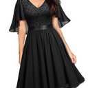 MISSMAY Women's Plus Size Lace Contrast Chiffon V Neck Flowy Cocktail Wedding Guest Midi Dress,S