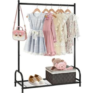 Kids Clothing Rack, Kids Dress Up Storage Rack, Small Clothes Rack with Metal Storage Shelf, Kids Closet Organizers and Storage (Black)