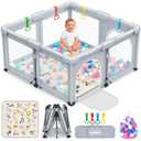OCATO Baby Playpen with Mat: Foldable Playpen for Babies and Toddlers Play Pen Portable Playpens Fence Indoor Outdoor Kids Safety Area Play Yard with 50x50 Playpens Mat 4 Handlers 50 Balls (50" 50")