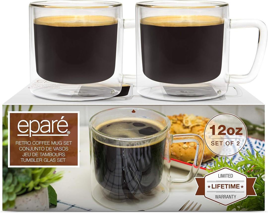 12 oz Glass Coffee Mugs - Set of 2 - Clear Double Wall Glasses - Insulated Glassware With Handle - Large Espresso Latte Cappuccino or Tea Cup by Epar