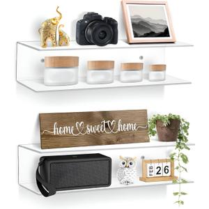 Clear Acrylic Floating Shelves - 2 Tier Wall Mounted Bathroom Organizer Set of 2 (15") - Space Saving Display Shelf for Makeup, Skincare, Kitchen Spices, & Home Decor