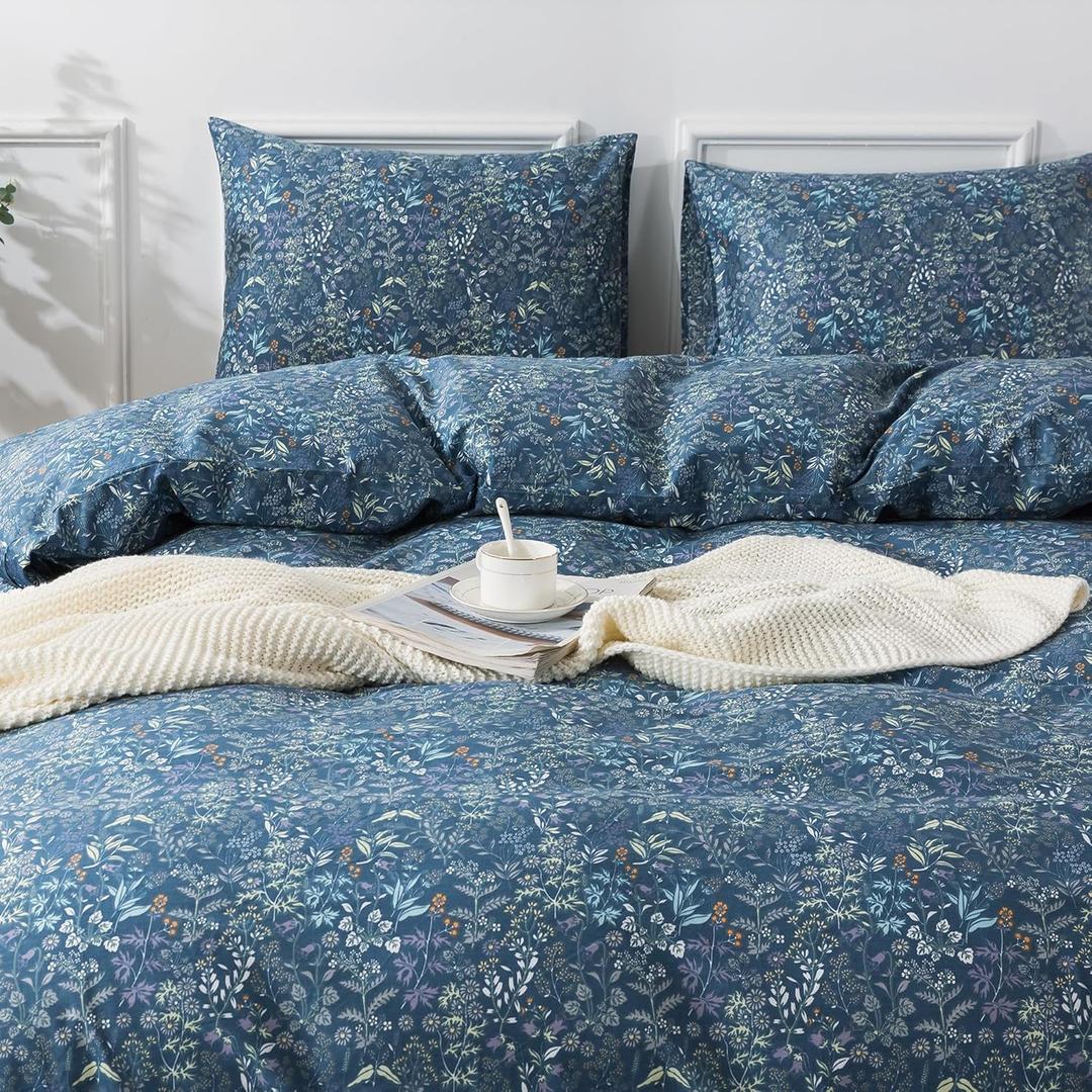 HoneiLife King Duvet Cover Set - 100% Cotton Comforter Cover, Floral Bedlinen Set with Zipper Closure & Corner Ties, 3-pcs(1 Duvet Cover + 2 Pillow Case)-Herbs (King-104"x 90", Blue Flower)