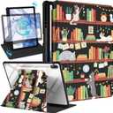 Kidcube for Samsung Galaxy Tab S9 Plus/S9 FE Plus Case 12.4 Inch for Women Girls Kids Folio Cover with Pencil Holder Cute Cartoon Cat Kawaii Design Rotating Stand Tablet Case for Tab S9 FE+/S9+ 2023 (6-Cat Bookshelf)