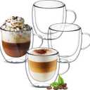 8 oz Double Walled Glass Coffee Mugs, Clear Glass Mug Set of 4, Insulated Borosilicate Glass Coffee Cups with Handle, Espresso Mugs for Cappuccino, Latte, Tea, Hot/Cold Drink