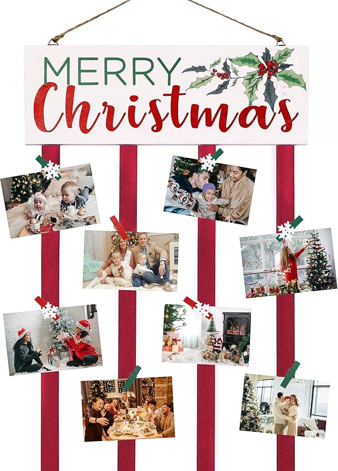Christmas Card Holder Display with 24 Clips, Wooden Hanging Merry Christmas Sign, Holiday Card Display for Wall or Door Christmas Décor